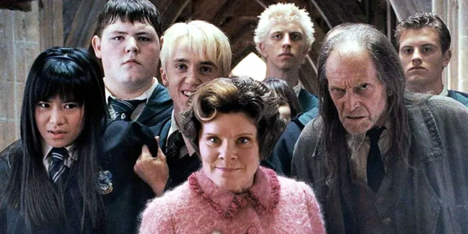 An image of Dolores Umbridge and a group of Slytherin students standing together in Harry Potter and the Order of the Phoenix