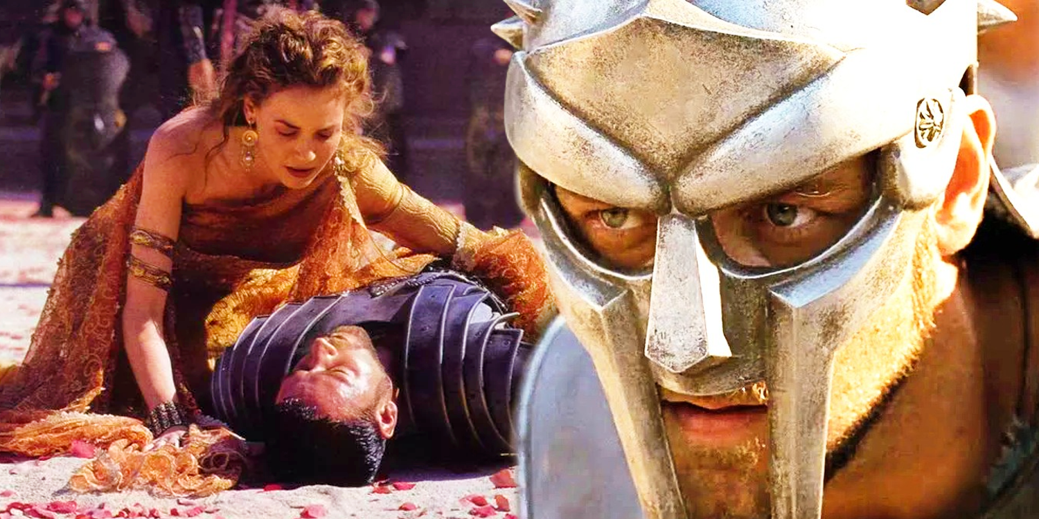 an image of maximus lying on the floor in the arena in gladiator and maximus wearing a helmet