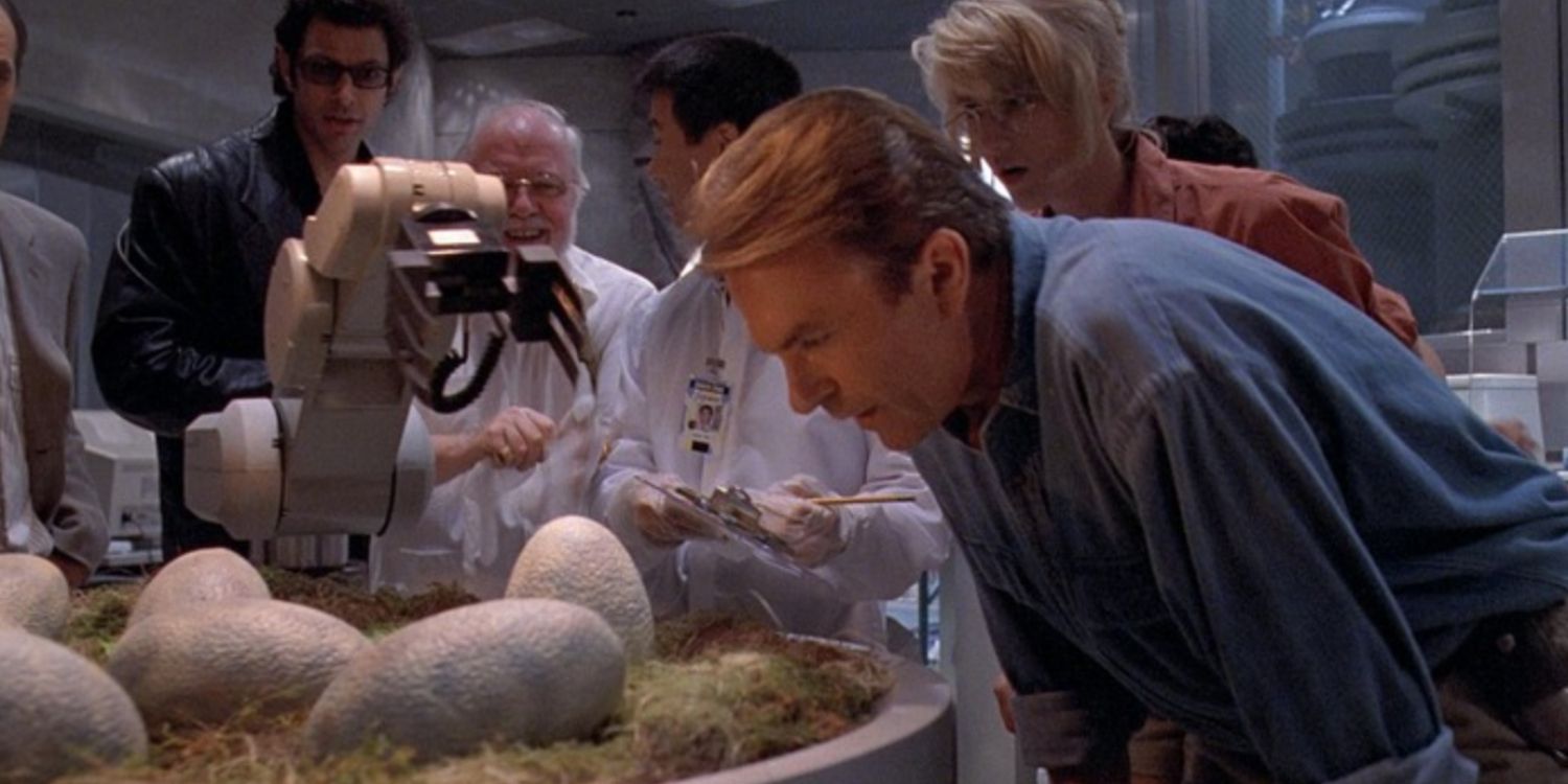 An image of Sam Neill looking at dinosaur eggs in Jurassic Park