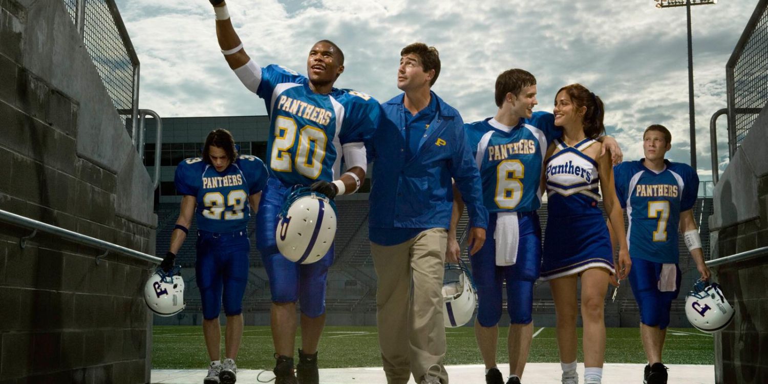 An image of the Friday Night Lights cast walking into a stadium