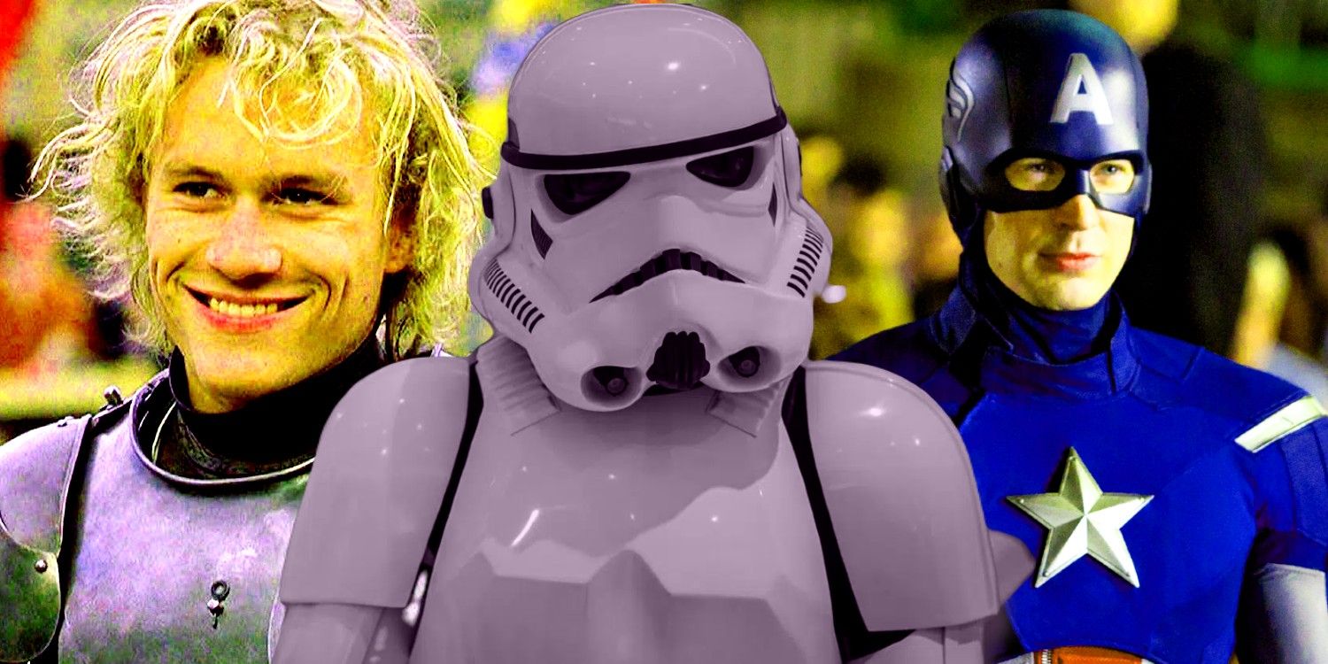 An image of William smiling in A Knight&rsquo;s Tale, a Stormtrooper in Star Wars, and Captain America looking intimidating in The Avengers