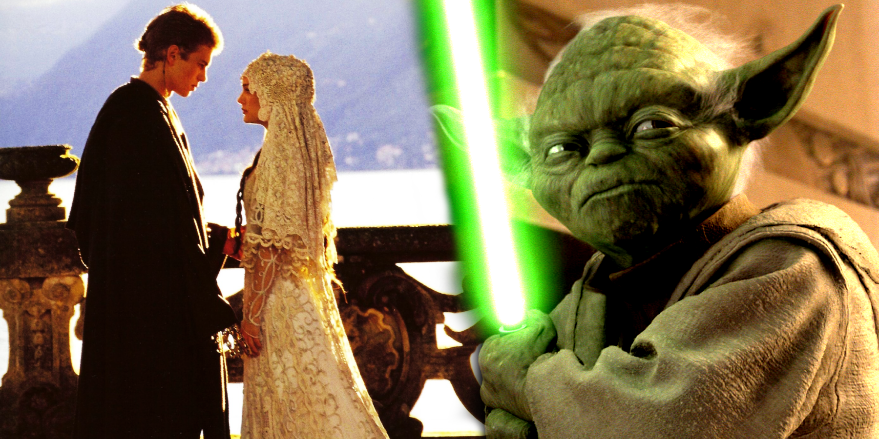 Anakin and Padme's wedding on the left, Yoda with his green ligthsaber on the right