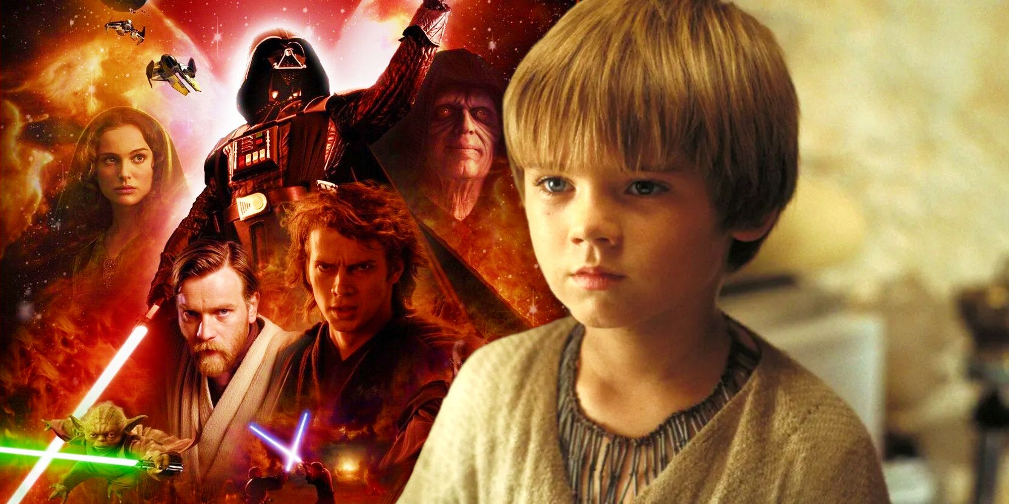 Young Anakin as seen in The Phantom Menace next to Revenge of the Sith&rsquo;s poster