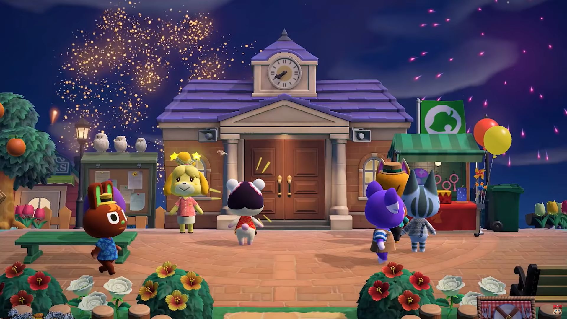 Animal Crossing New Horizons player and villagers celebrate fireworks show
