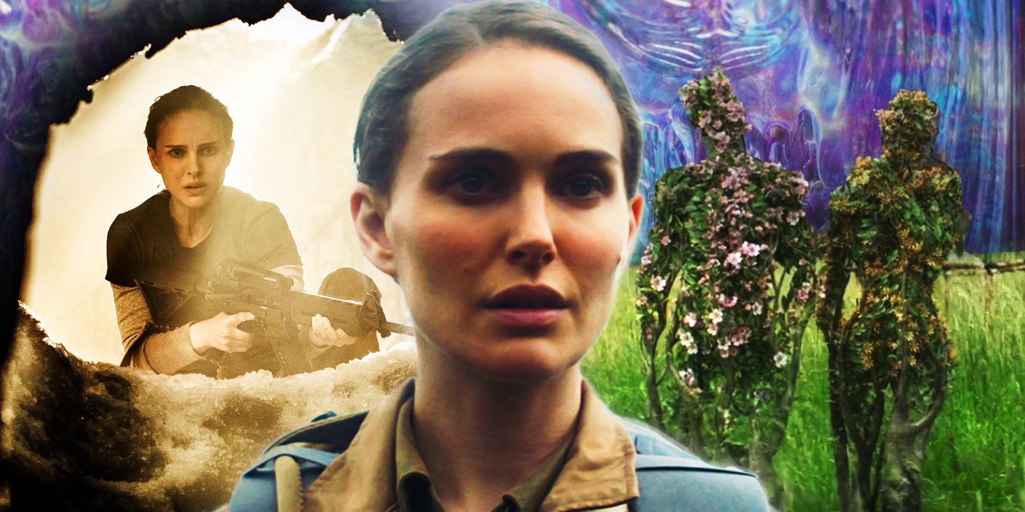 This collage shows Lena in between the humanoid plants and the lighthouse cavern.