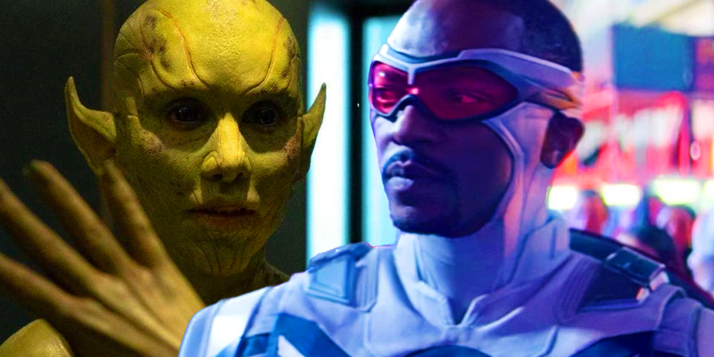 Anthony Mackie as Sam Wilson Captain America in The Falcon and the Winter Soldier with Skrull Rhodey in Secret Invasion