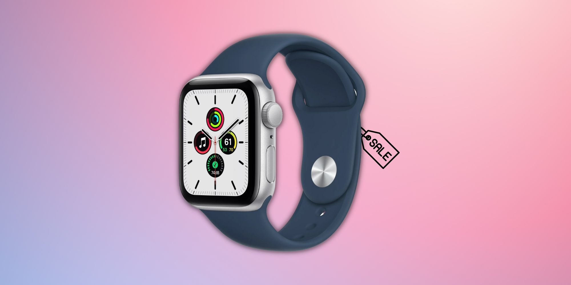 Image of the Apple Watch SE First Generation on a pink-blue gradient background