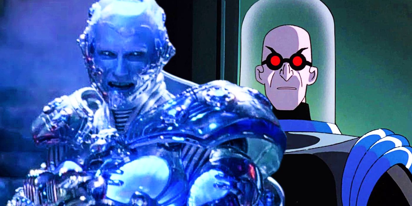Arnold Schwarzenegger as Mr Freeze in Batman & Robin and a scene from Batman The Animated Series Heart of Ice
