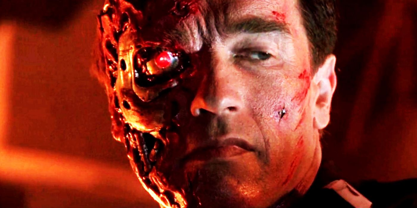 Arnold Schwarzenegger with half a robotic face in Terminator 2.