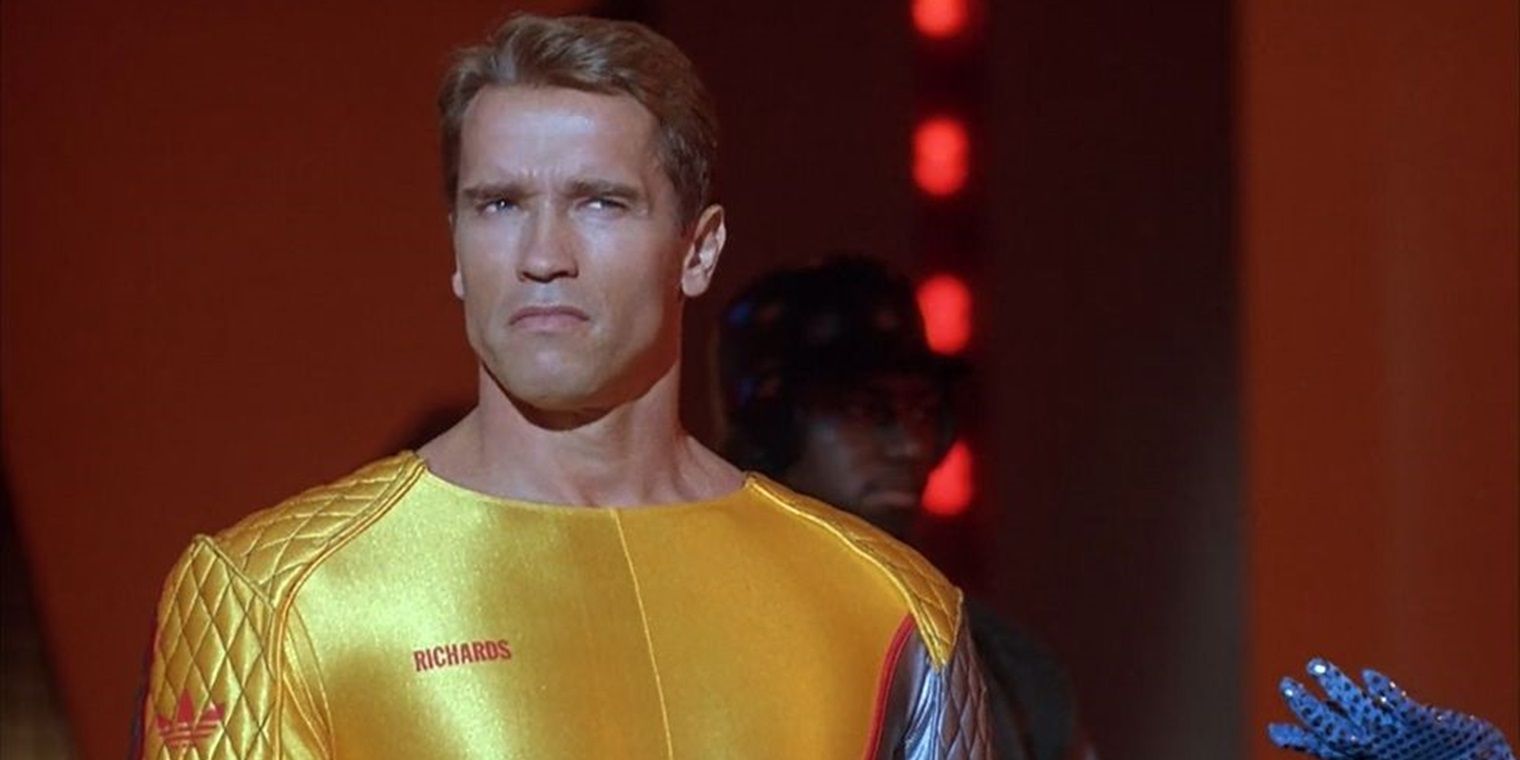 Arnold Schwarzenegger in a gold jumpsuit in The Running Man