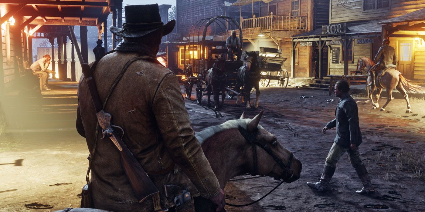 Arthur Morgan on horse in town