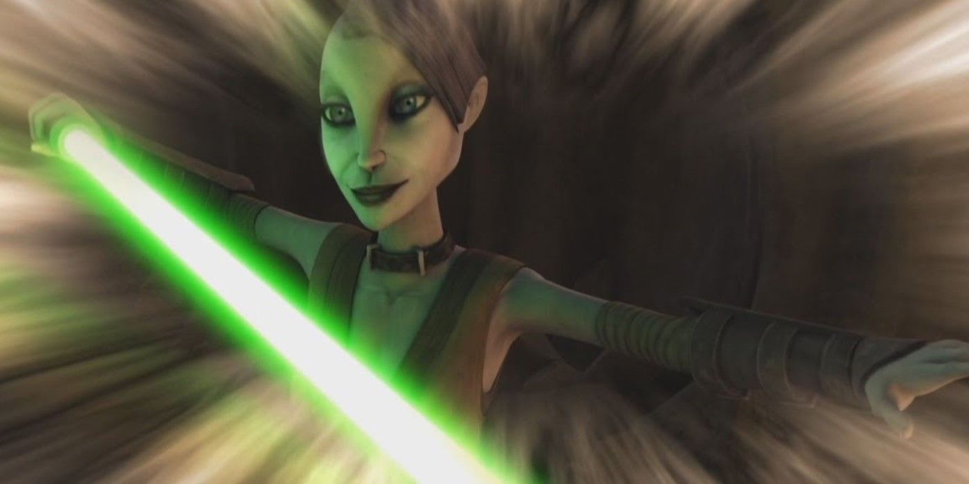 Asajj Ventress segurando um sabre de luz verde como um Jedi Padawan em Star Wars The Clone Wars