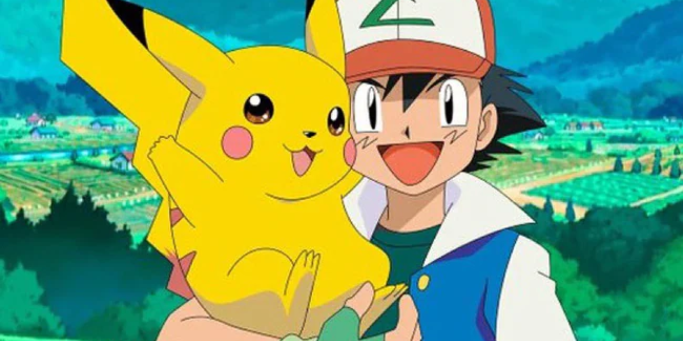 Ash carregando Pikachu e sorrindo