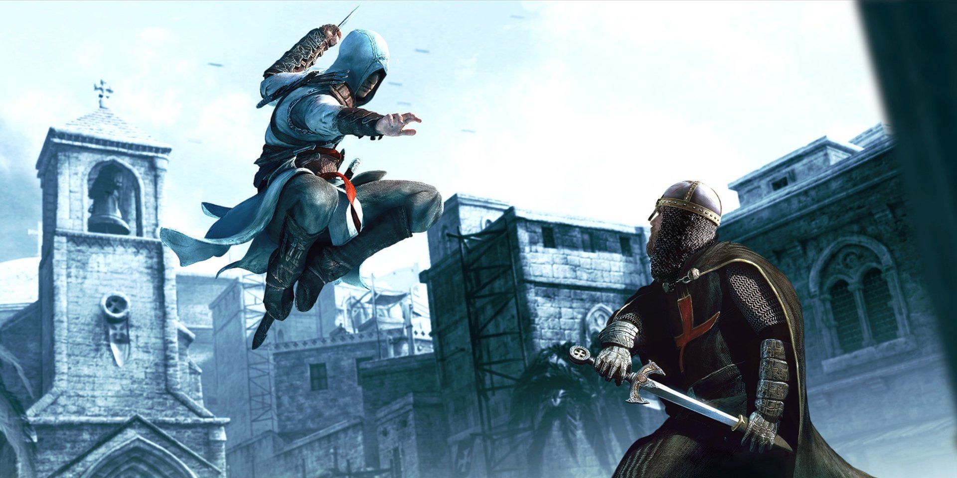 The original Assassin's Creed protagonist, Altaïr, leaps toward a Templar Knight with his hidden blade drawn. He wears the trademark white cowl that many series protagonists have donned.