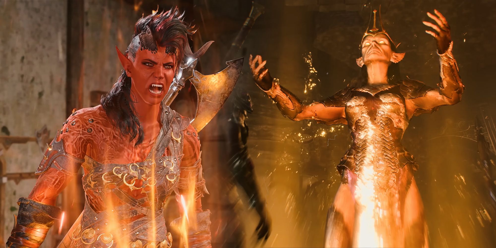 An image of a Tiefling yelling from Baldur's Gate 3 on the left and a Githyanki on the right.