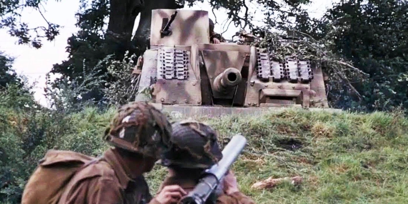 Soldiers shooting tank with a bazooka in Band of Brothers