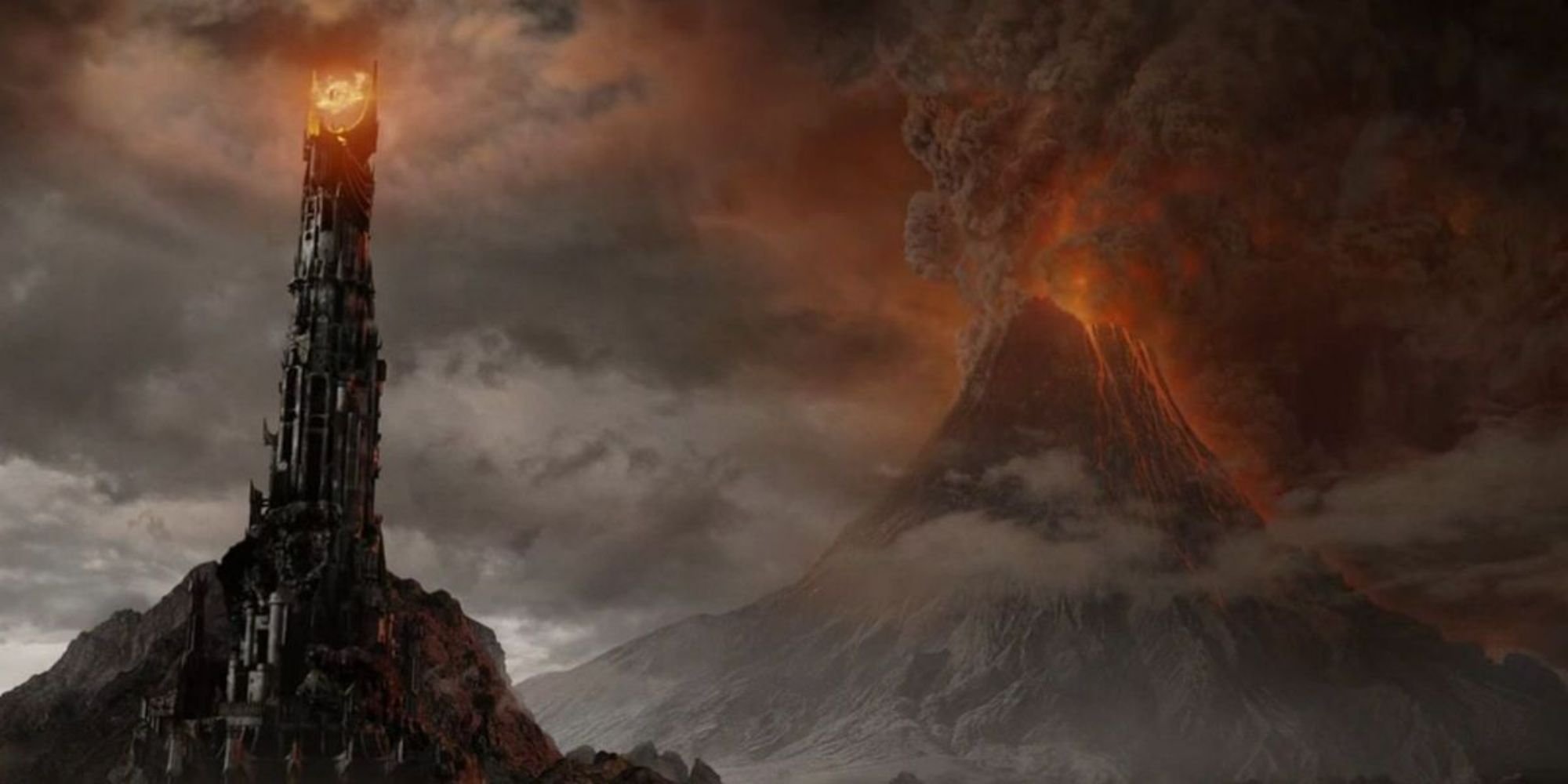 Barad-dûr and Mount Doom in Mordor in Lord of the Rings.