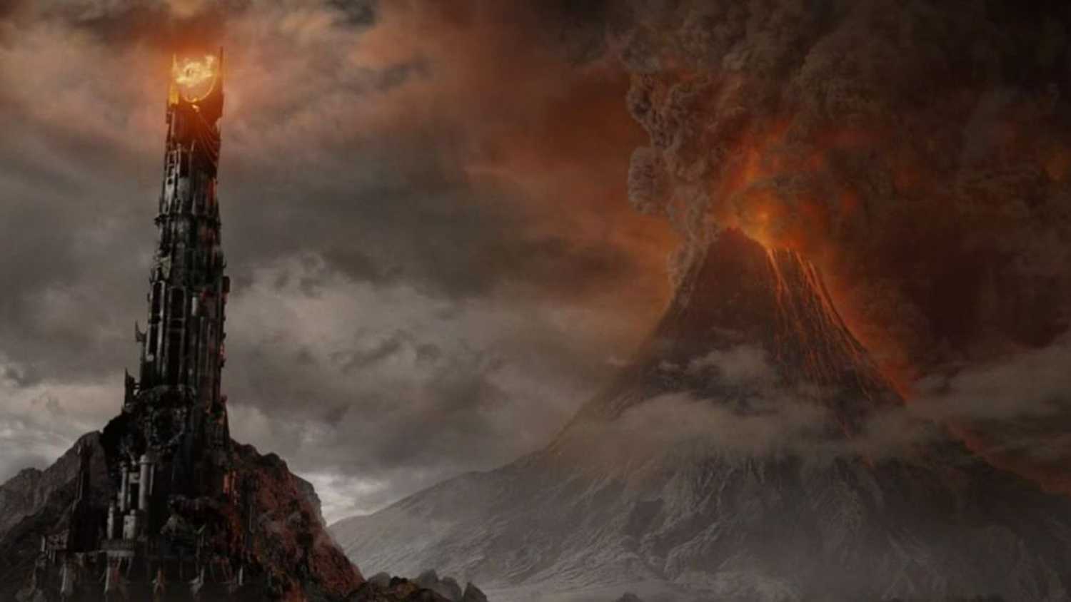 Barad-dûr and Mount Doom in Mordor in Lord of the Rings.