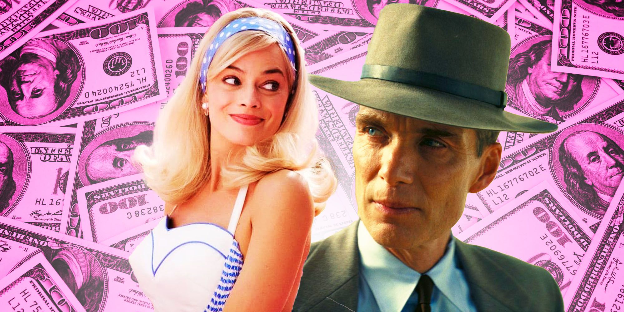 Barbenheimer collage with Margo Robbie as Barbie and Cillian Murphy as Oppenheimer superimposed over pink cash.