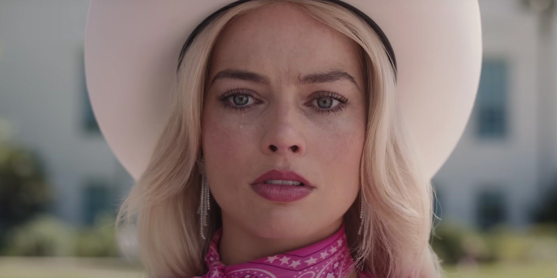 Margot Robbie in the Barbie movie with her cowgirl hat. 