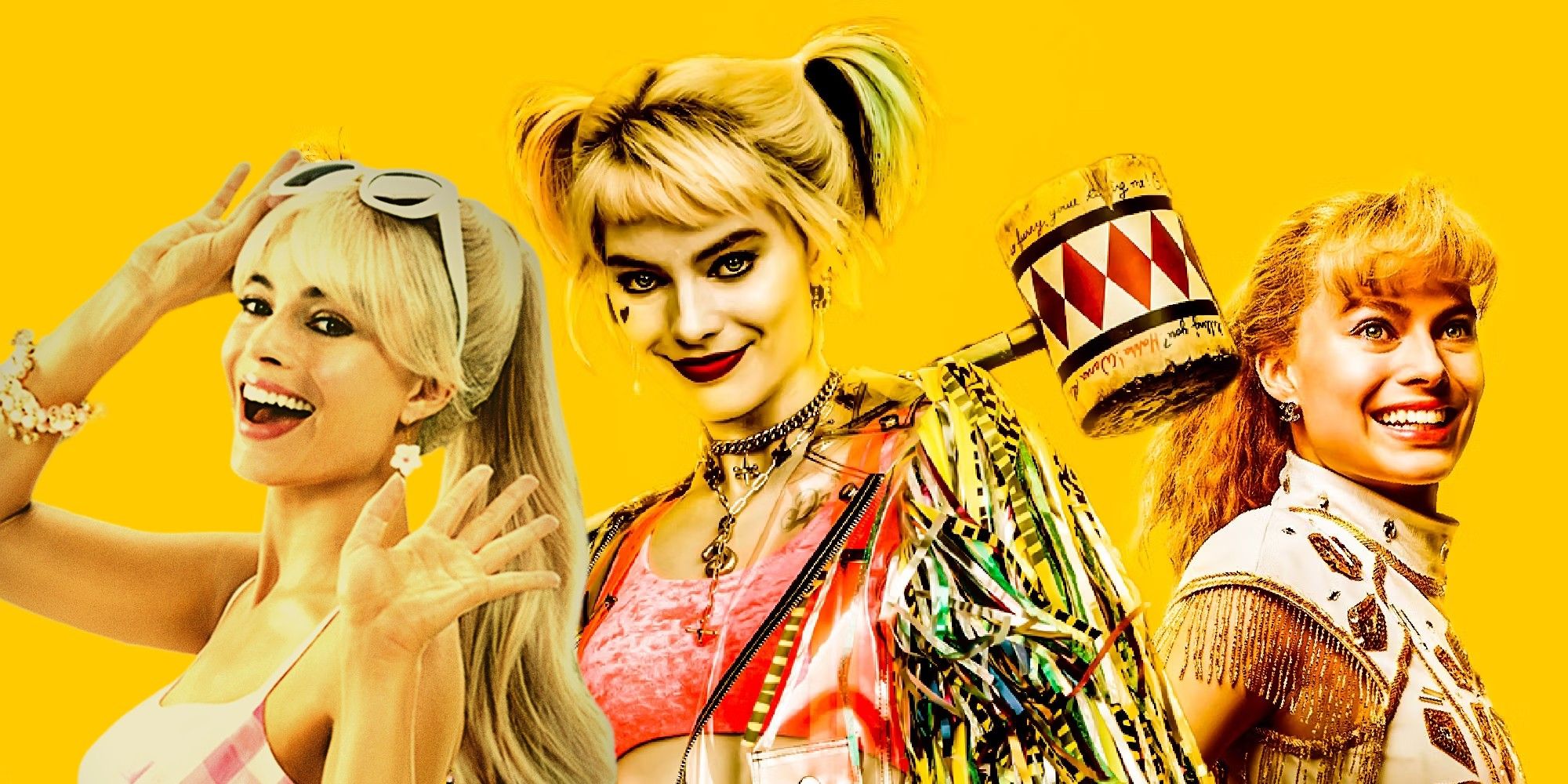 Margot Robbie smiling in Barbie, Birds of Prey as Harley Quinn and I, Tonya with a yellow background