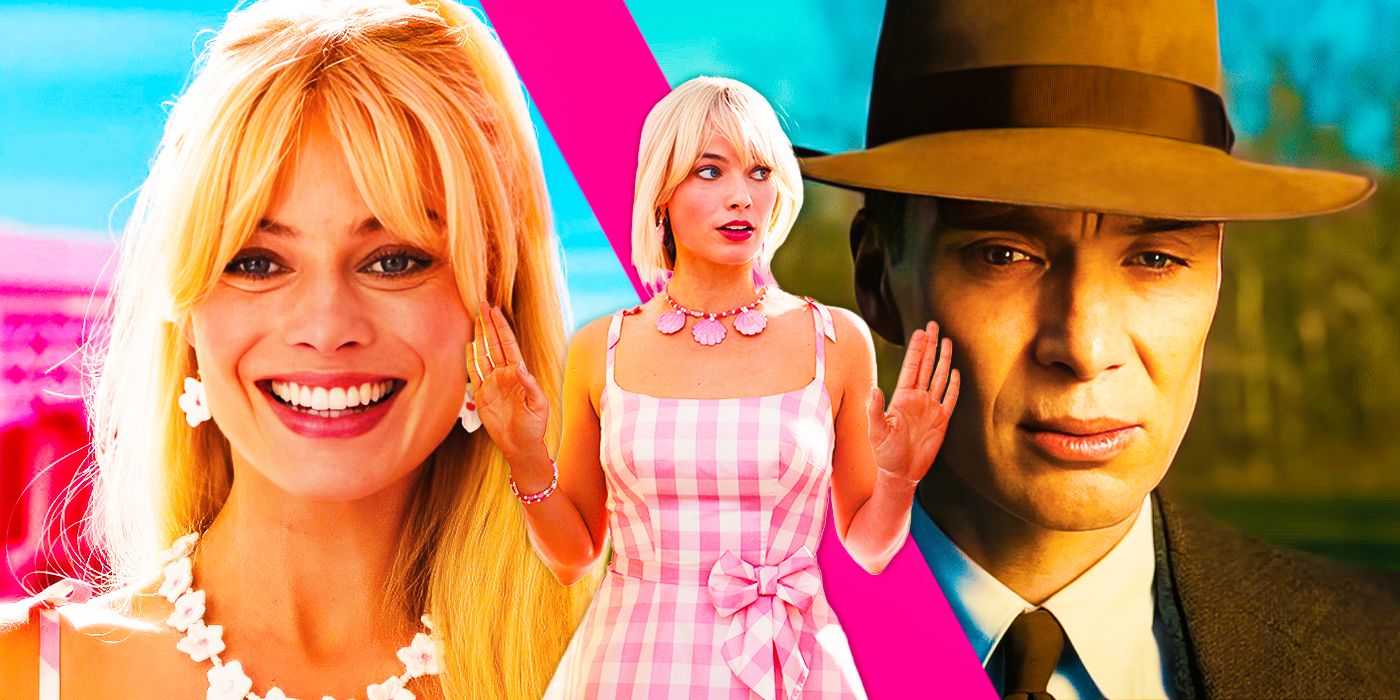 A collage image of Cillian Murphy looking surprised in Oppenheimer and Margot Robbie smiling in Barbie