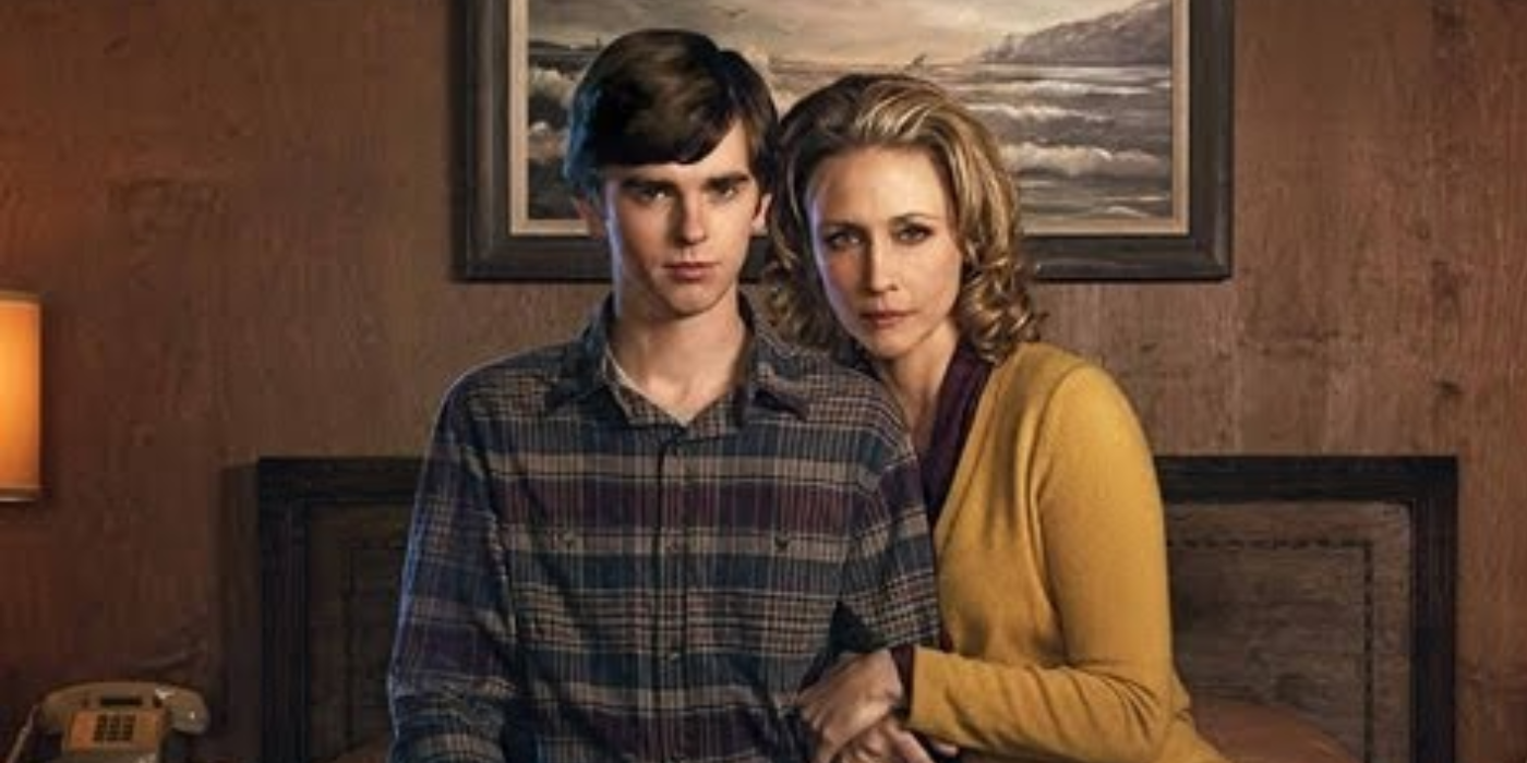 Norman and Norma Bates look at the camera in a promotional picture for Bates Motel.