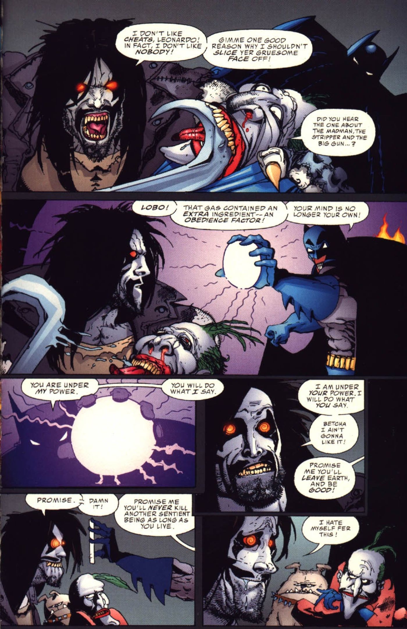 Batman Disables Lobo by hypnotizing him.