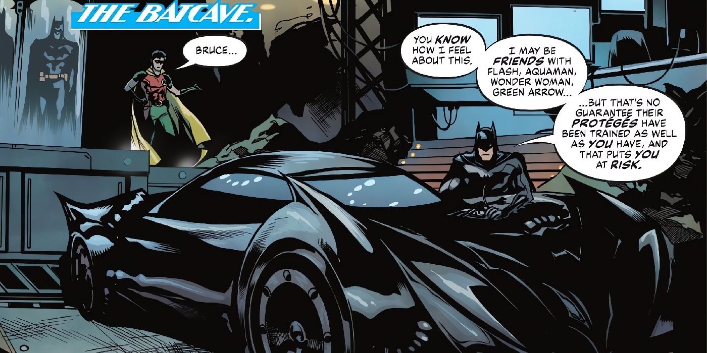 Batman lectures Robin in the Batcave about him leading the Teen Titans
