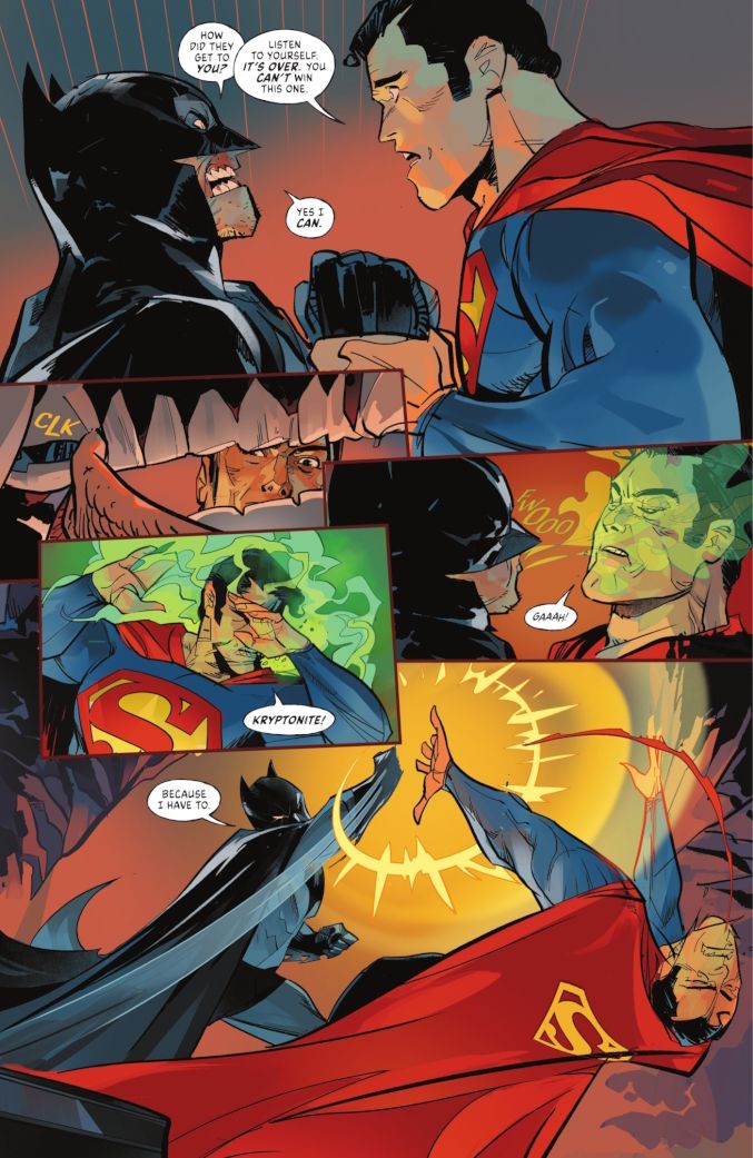 Batman uses a Kryptonite False Tooth against Superman