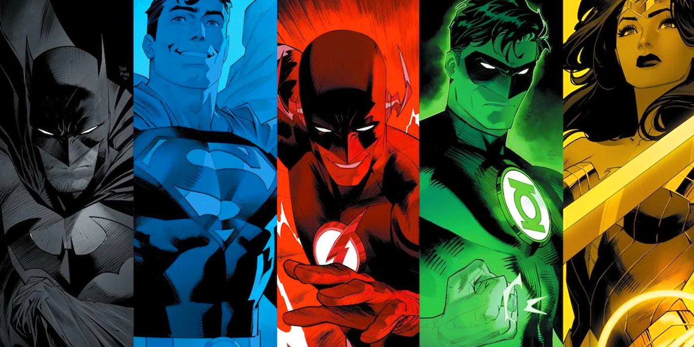 batman superman el flash linterna verde y la mujer maravilla en el cartel de dc comics