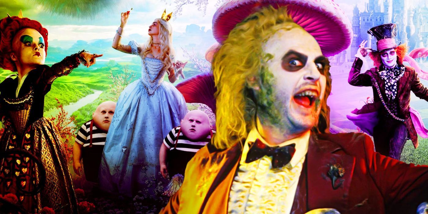 Beetlejuice smiling with the poster of Alice in Wonderland in the background