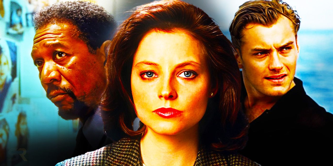 Psychological thrillers of the 1990s collage with Morgan Freeman, Jodie Foster in The Silence of the Lambs and Jude Law in The Talented Mr. Ripley