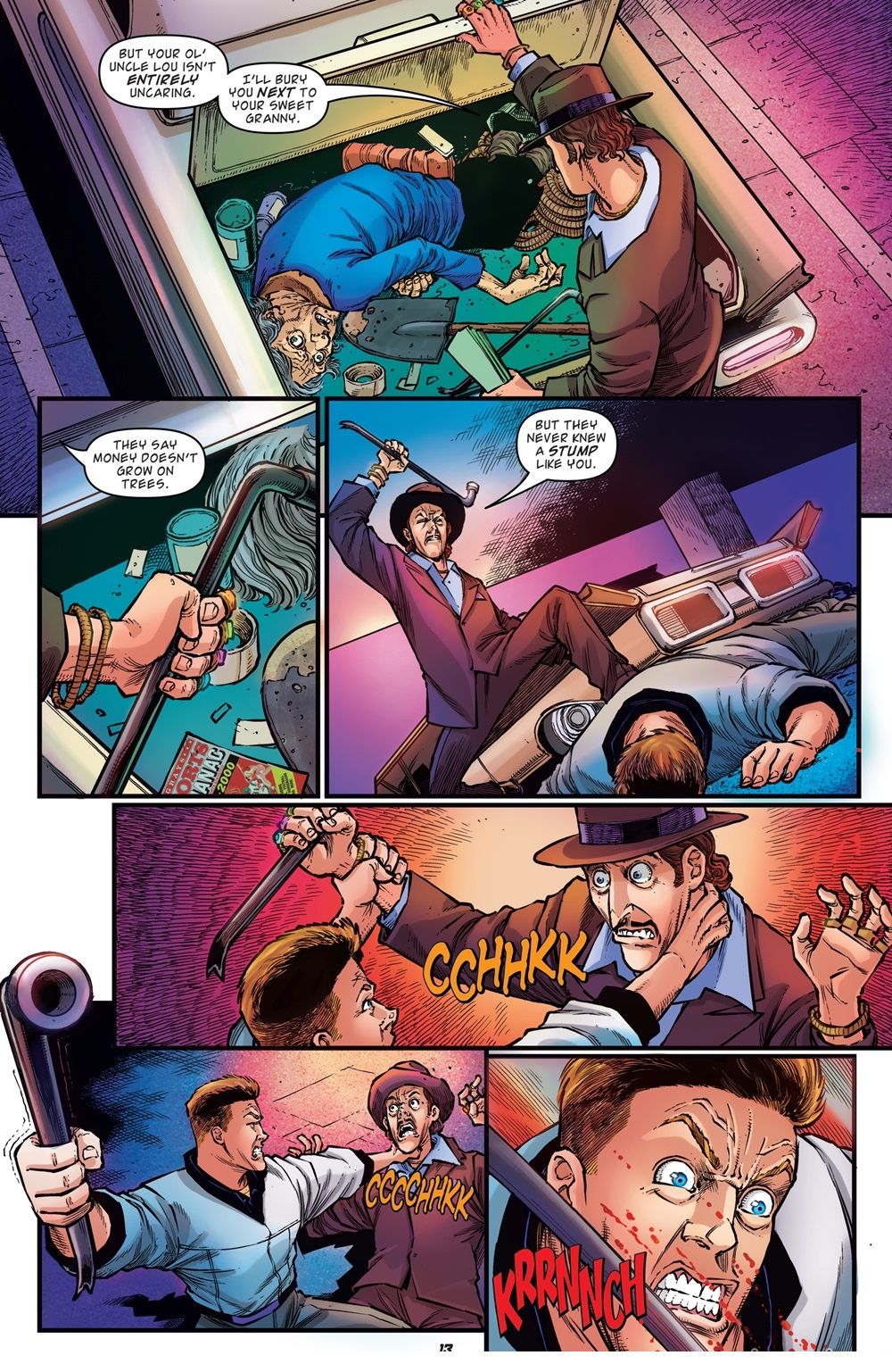 Biff kills a man with a pipe in a parking garage