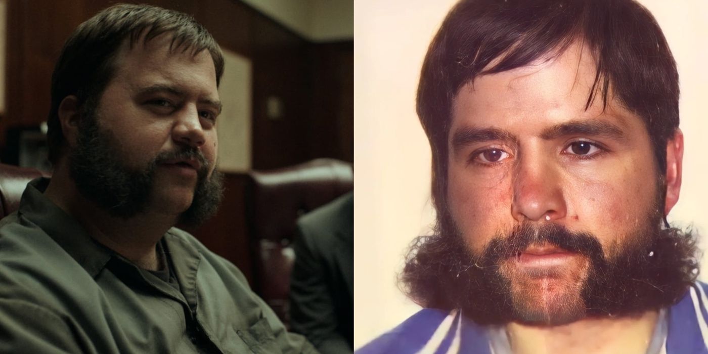 A split image of the real Larry Hall and Paul Walter Hauser playing the role in Black Bird