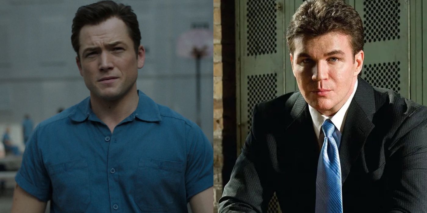 A split image of the real Jimmy Keene and Taron Egerton playing the role