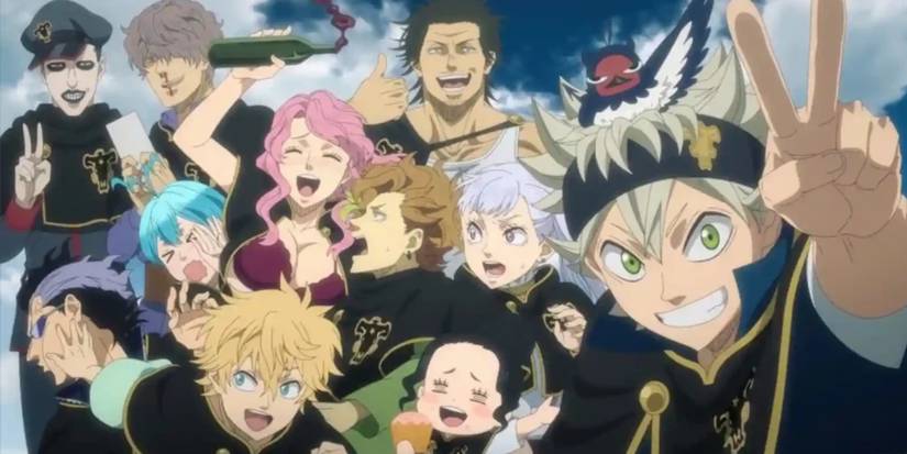 Black Clover and the Black Bulls looking happy in front of blue sky and white clouds