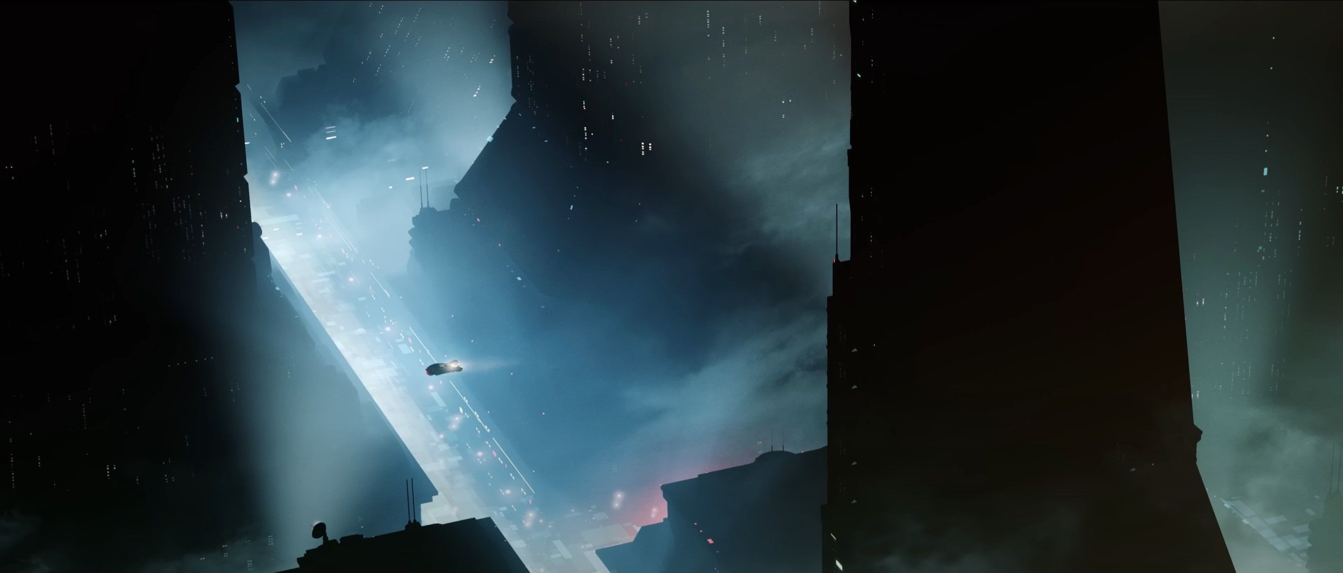 Sebuah mobil terbang di atas versi futuristik Los Angeles di Blade Runner 2033: Labyrinth