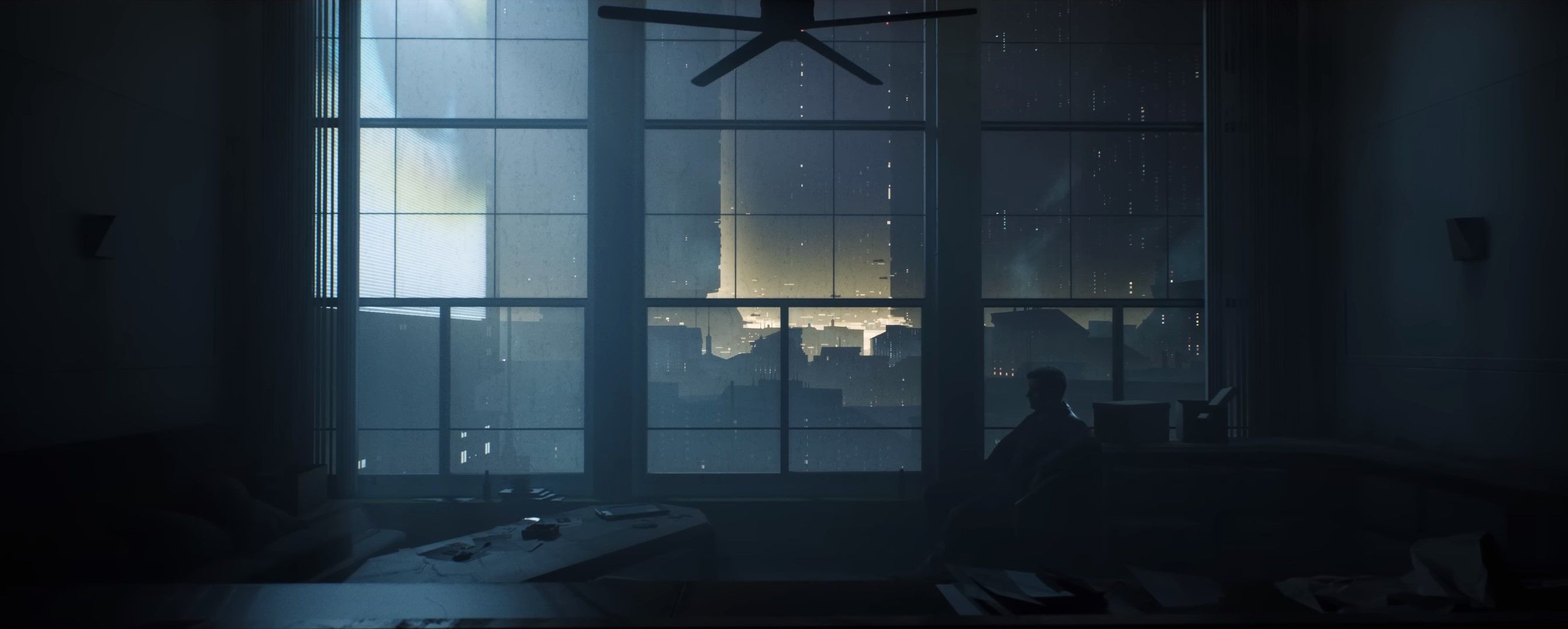 Protagonis LAPD Blade Runner 2033 duduk di dekat jendela, siluet tanda neon besar dengan kota futuristik di luar