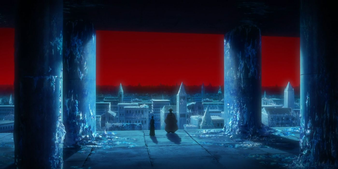 Bleach: Captain Kyoraku looks out at the Quincy City, which has replaced the Seireitei.