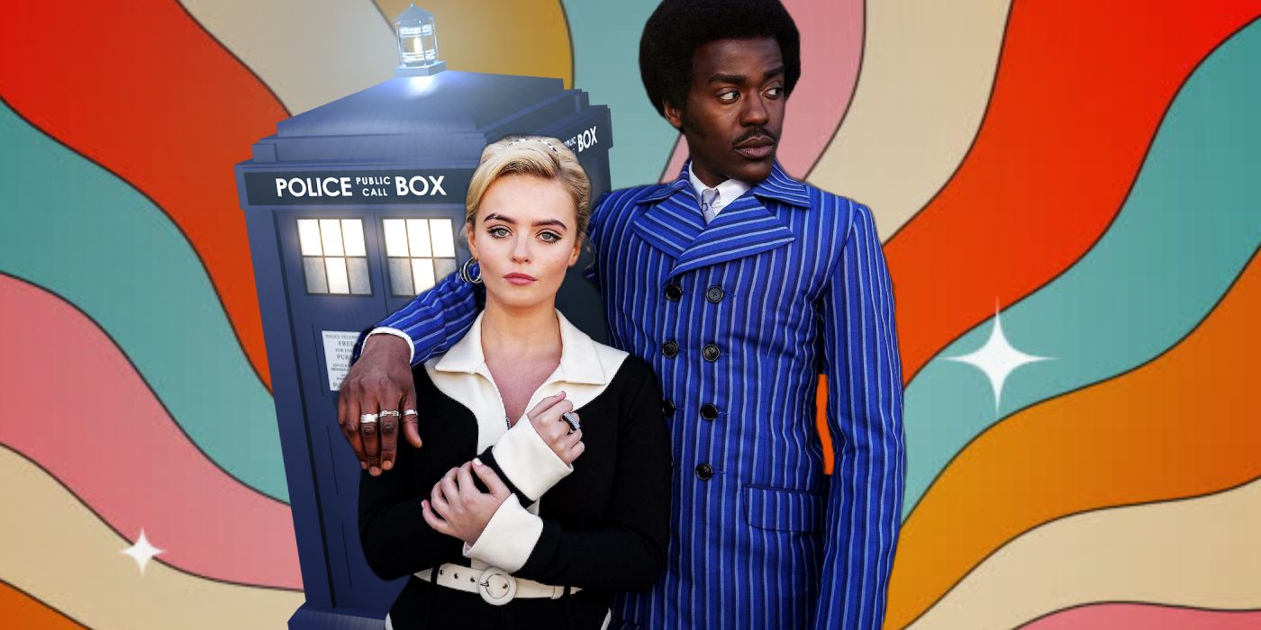 Blended image of a groovy background and Ruby Sunday and Fifteenth Doctor posing in &lsquo;60 outfits