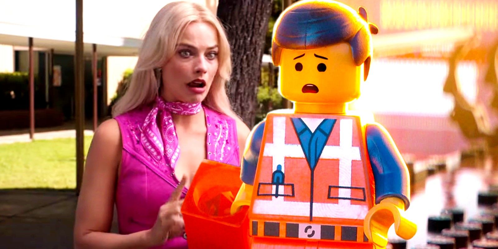 Blended image of a sad Barbie and Emmett with his jaw dropped in Lego Movie