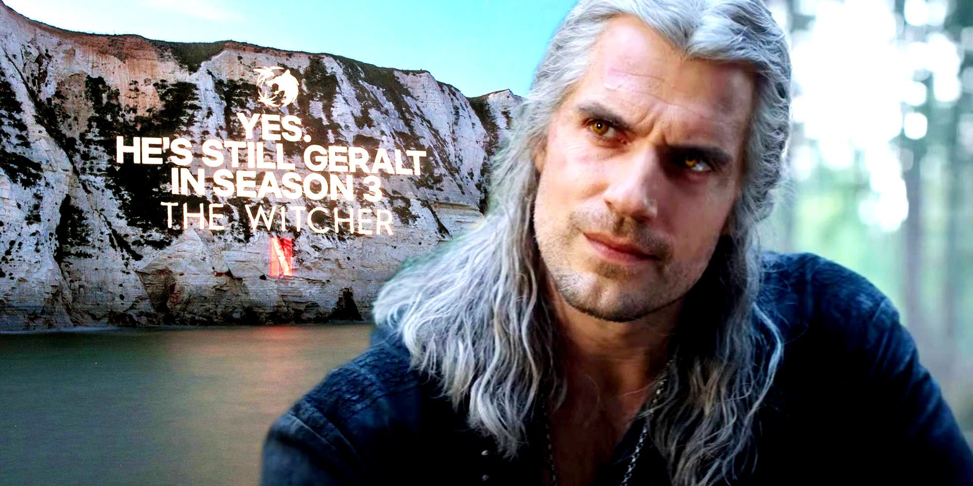 Blended image of Henry Cavill as Geralt with a smug face and the image of Netflix marketing The Witcher season 3