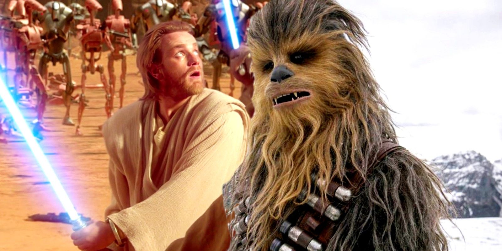 Blended image of Obi-Wan holding his lightsaber in Star Wars Attack of the Clones and Chewbecca in Rise of Skywalker