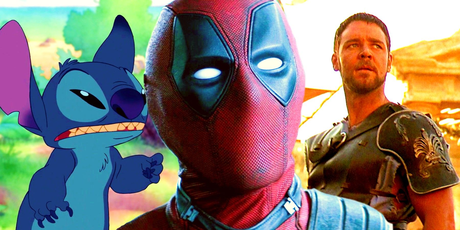 Blended image of Stitch pointing his finger in Lilo and Stitch, Deadpool in the center, and Maximus looking back in Gladiator
