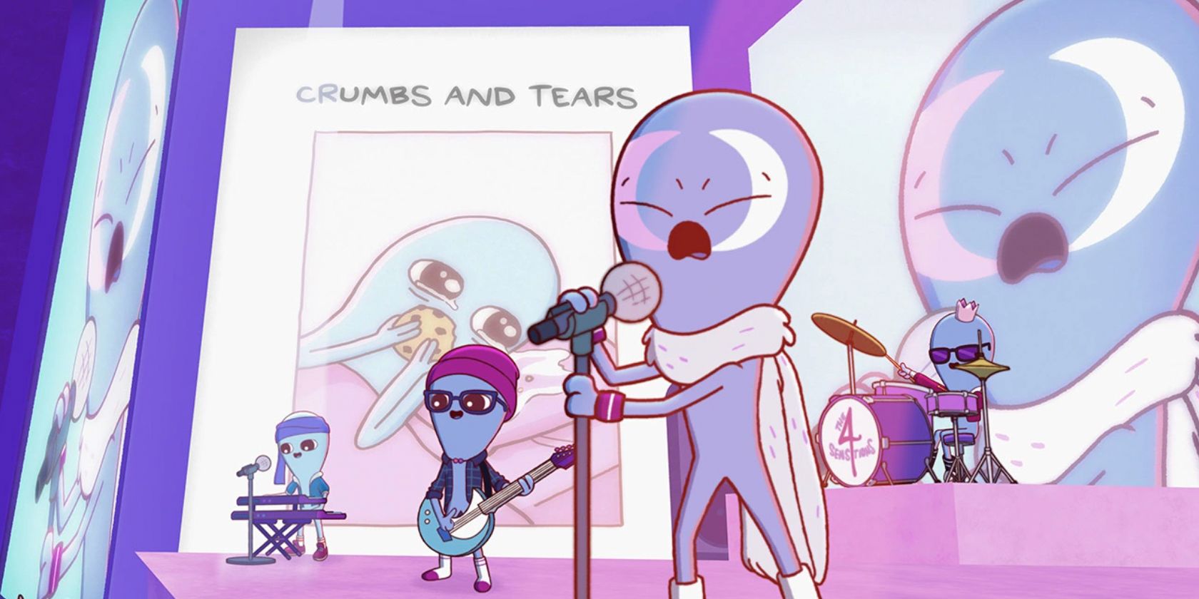 Blue beings as a group of musicians performing in Strange Planet