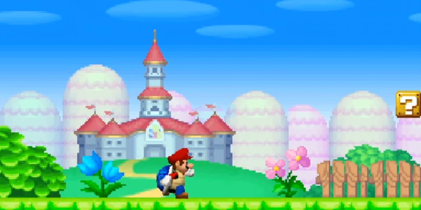 Mario running with a blue shell on his back in New Super Mario Bros.