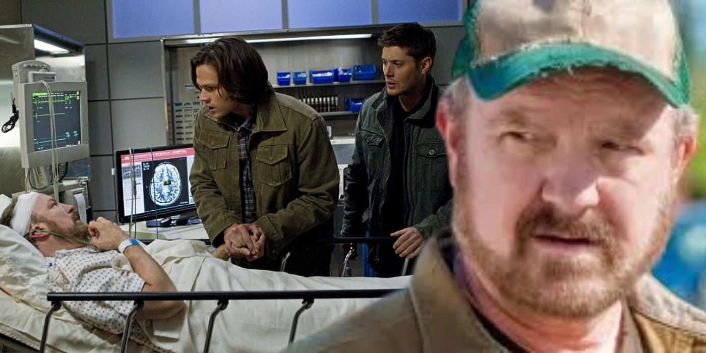 A blended image features Dean and Sam visiting Bobby in the hospital before his death and Bobby in a baseball cap in Supernatural