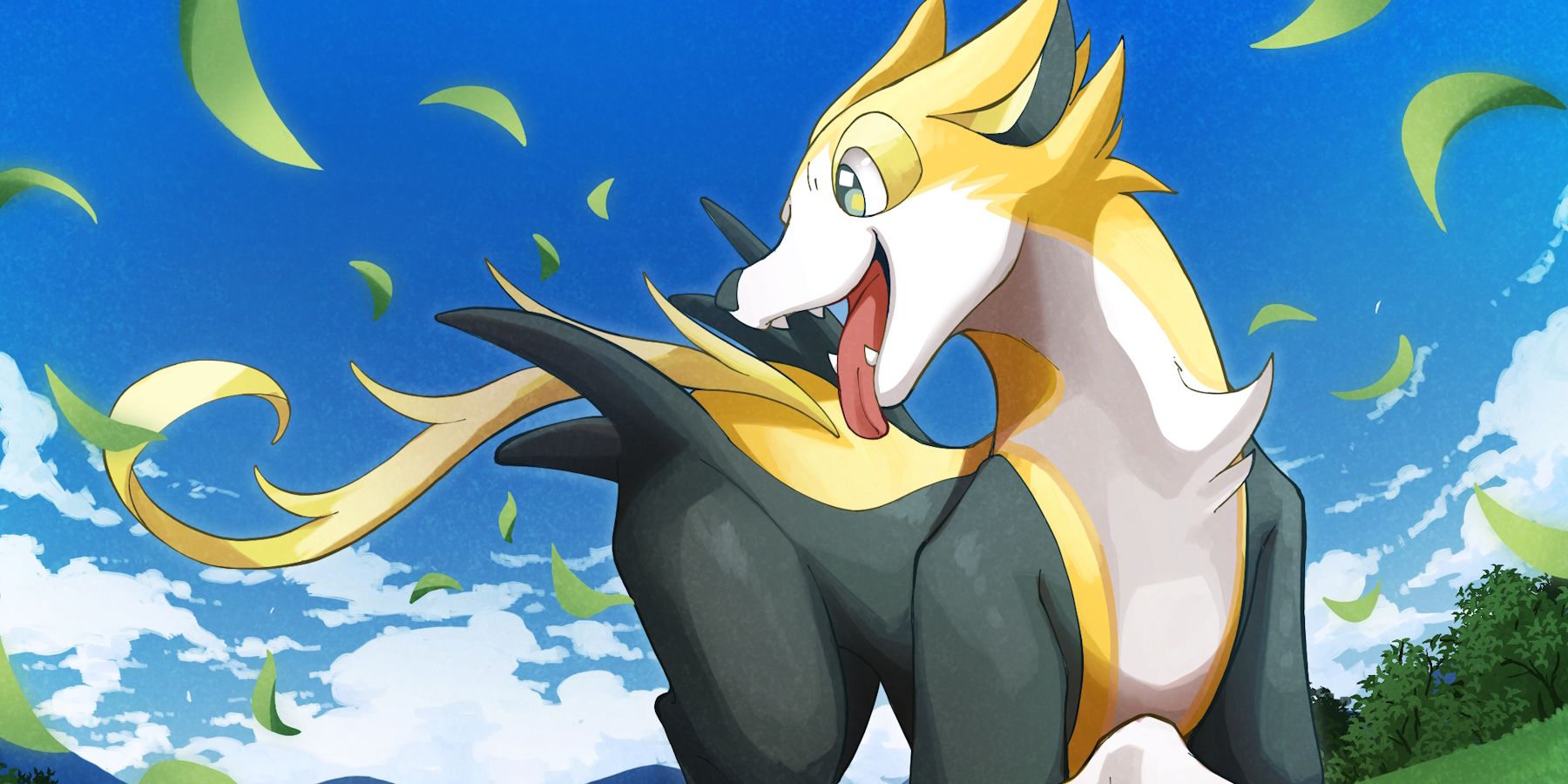 Bolthund from Pokemon running and looking back with its tongue hanging out