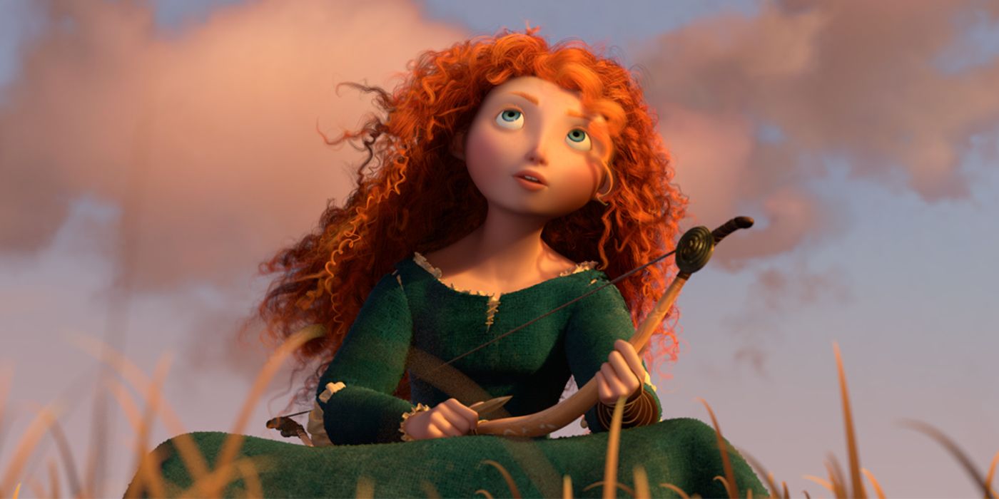 Merida sits in the grass, holding her bow and looking up at the clouds.